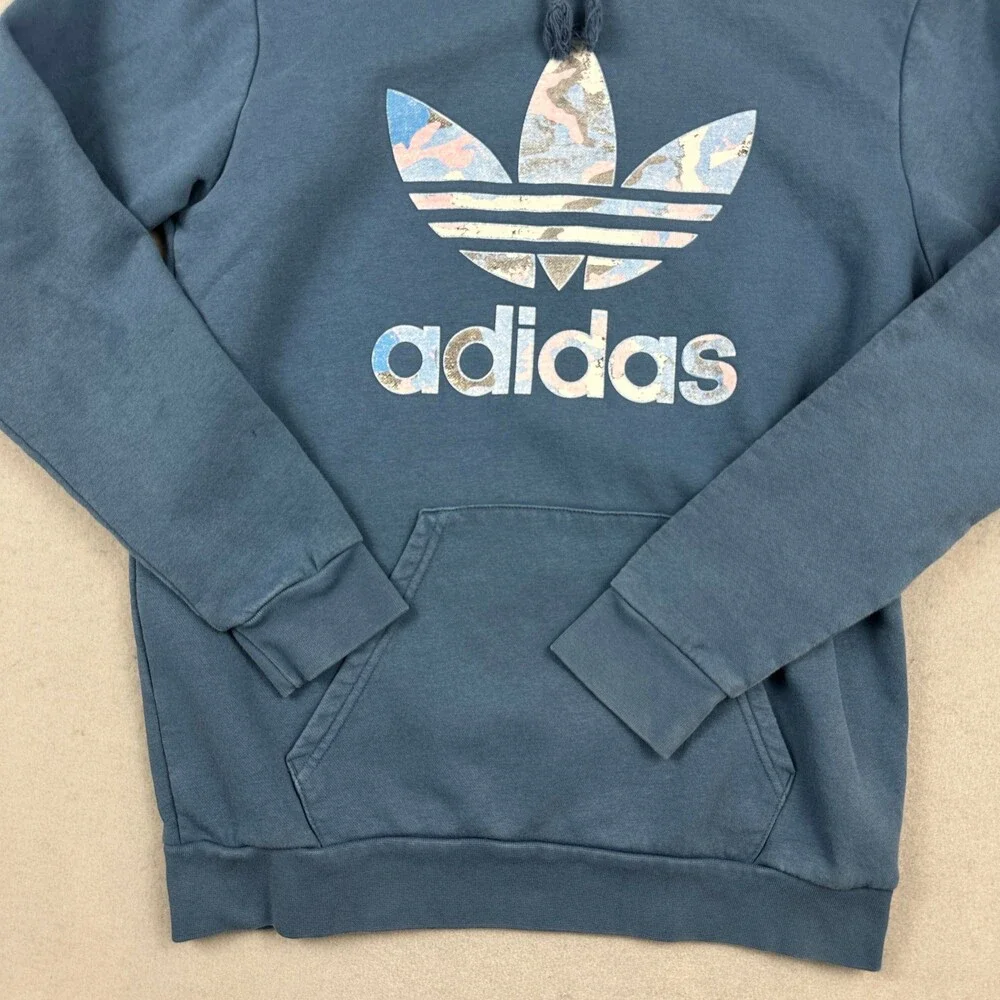 Adidas Hoodie Men Medium Blue Camo Trefoil Logo Pullover Sweatshirt Essential M